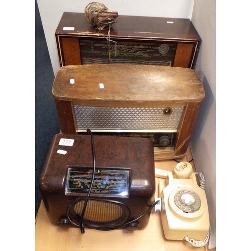 177 - Three vintage radios together with a wall mounted phone (a/f) in need of re-wire (4)