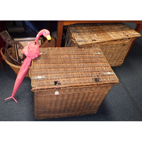 178 - Two large wicker baskets together with a further basket, prints etc