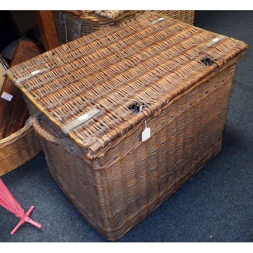 178 - Two large wicker baskets together with a further basket, prints etc