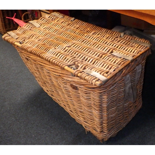 178 - Two large wicker baskets together with a further basket, prints etc