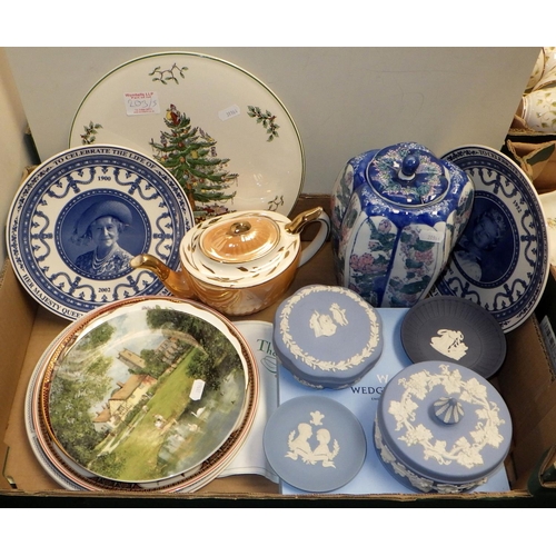 203 - Three boxes of misc tea & dinner ware, Wedgwood jasper ware, cabinet plates etc (3)