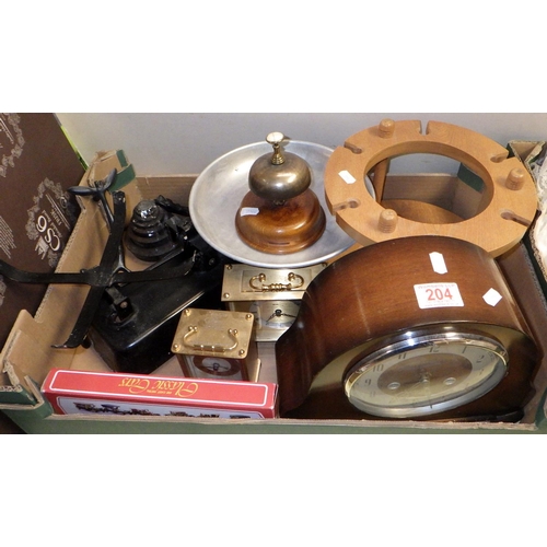 204 - A mantle clock together with further clocks, scales, glass ware etc (2)