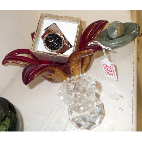 233 - A group of misc glass ware, onyx egg and dish, watch etc