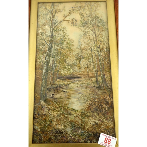 88 - A framed embroidered river landscape 30 x 48cm inc frame