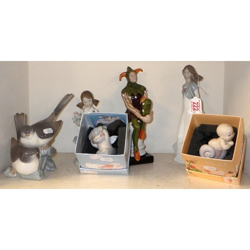 222 - Two Lladro figures, a Nao figure of a young lady, two Nao babies and a Leonardo jester af