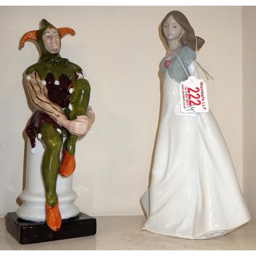 222 - Two Lladro figures, a Nao figure of a young lady, two Nao babies and a Leonardo jester af