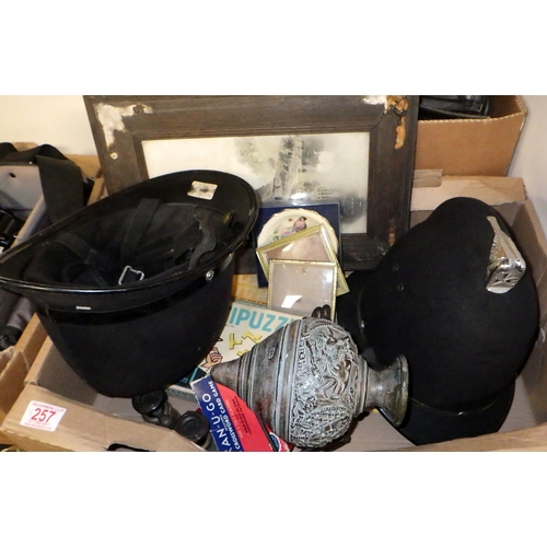 257 - A group of camera bags, case, dress up helmets etc (3)