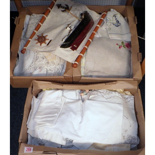 268 - Three boxes of misc linen & textiles (3)