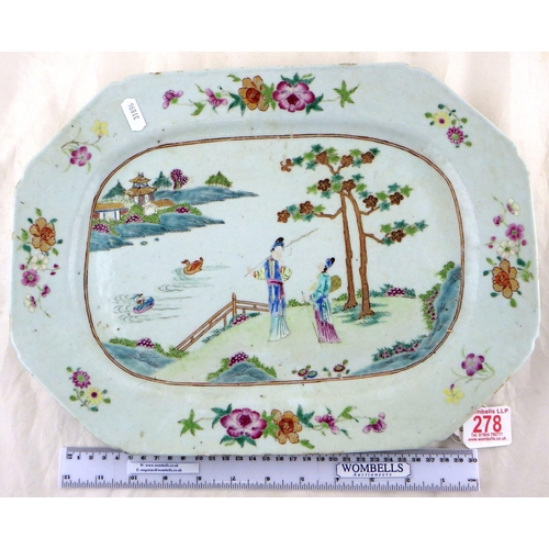 278 - A Chinese famille rose serving plate decorated with scenes of fisherman, 39 x 29cm af flea bites