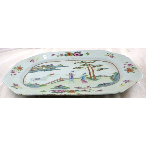 278 - A Chinese famille rose serving plate decorated with scenes of fisherman, 39 x 29cm af flea bites