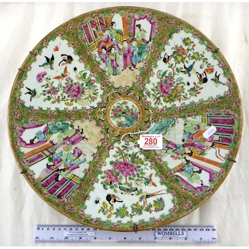 280 - A Chinese Canton charger decorated with figures, birds 40cm diameter AF two hairline cracks, chip