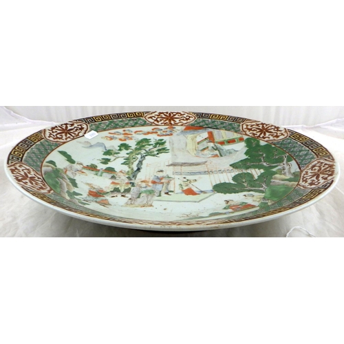 281 - A Chinese famille rose charger / dish 40cm diameter  decorated with a village scene, faded