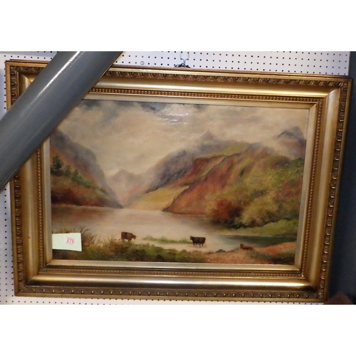 270 - A large gilt framed oil on canvas Highland cattle landscape