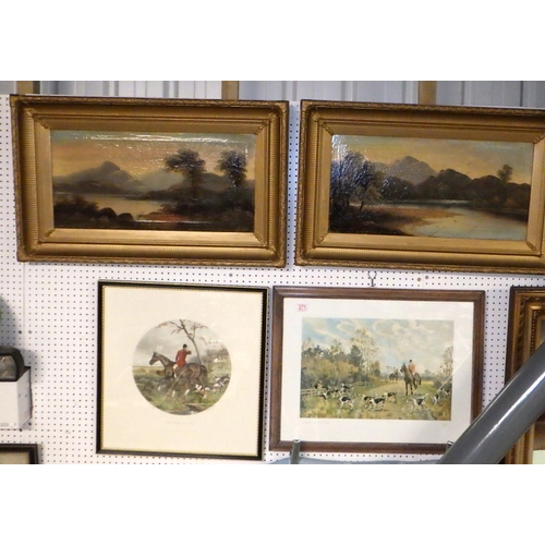 271 - A pair of gilt framed oil on canvas lakeland scenes together with two hunting prints (4)