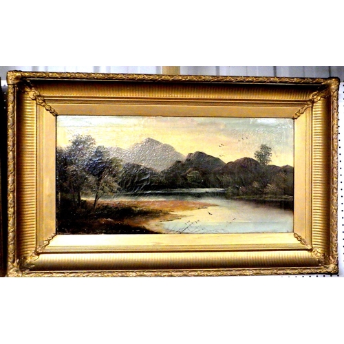 271 - A pair of gilt framed oil on canvas lakeland scenes together with two hunting prints (4)