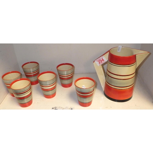 294 - A Bizarre by Clarice Cliff Newport Pottery Art Deco "Liberty Stripe" design lemonade set comprising ...