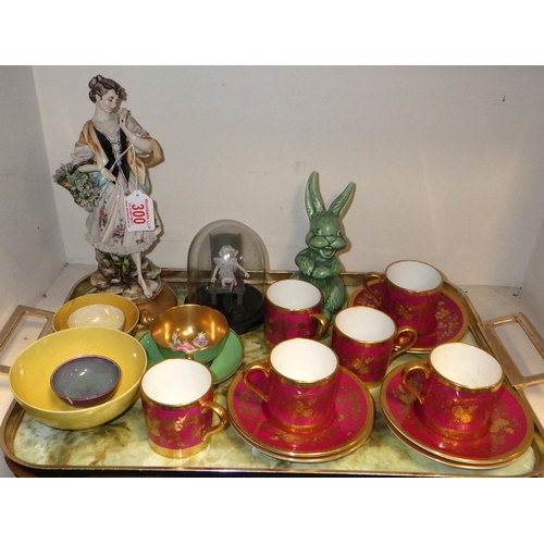 300 - Six matching Minton coffee cans and saucers, gilt decoration over a pink/red ground; a Paragon coffe... 