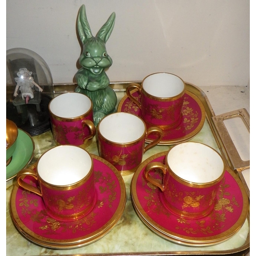 300 - Six matching Minton coffee cans and saucers, gilt decoration over a pink/red ground; a Paragon coffe... 