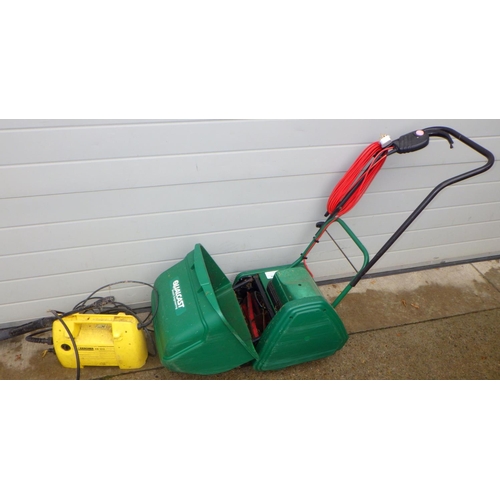 741 - A Qualcast cylinder lawnmower together with a pressure washer and a toolbox sold as seen (3)