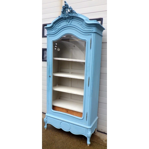 742 - A blue painted French armoire/cabinet with bevelled glass door, 103cm wide, 245cm tall