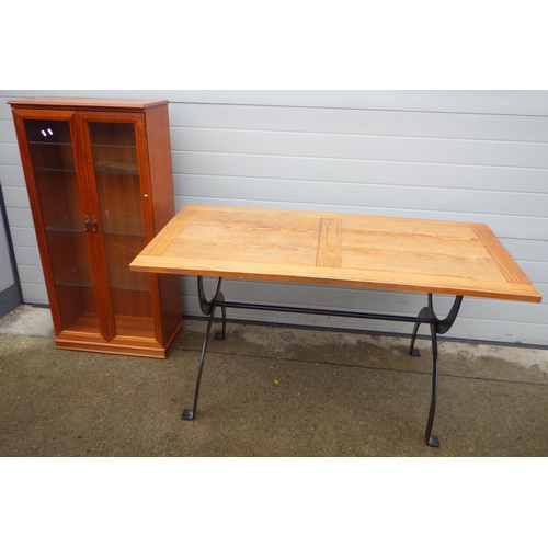744 - A kitchen table on metal base, 150cm long, together with a reproduction cabinet (2)