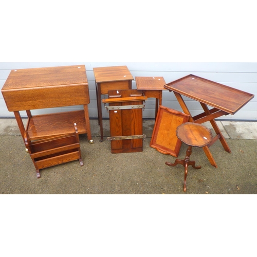 749 - A trolley, sewing table, magazine rack, trouser press, two occasional tables, tray top table and a t... 