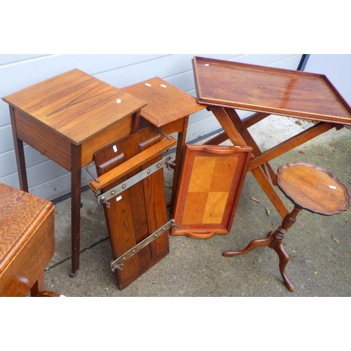 749 - A trolley, sewing table, magazine rack, trouser press, two occasional tables, tray top table and a t... 