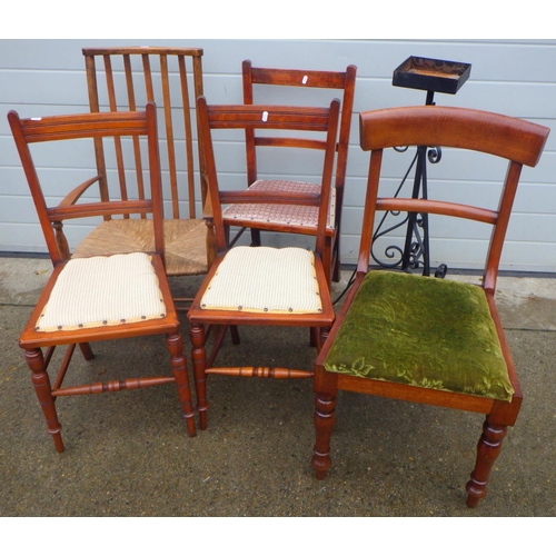 750 - A pair of Edwardian bedroom chairs, three further chairs and a metal flower stand (6)