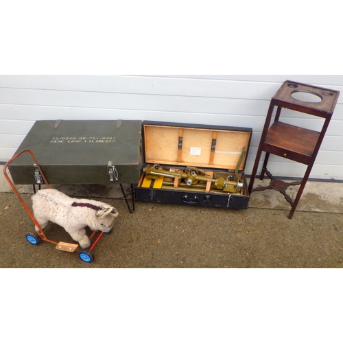 758 - A bowl stand, two boxes and a push along donkey (4)
