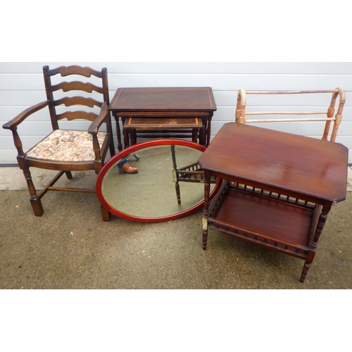 759 - A nest of tables, oval mirror, chair, towel rail & side table (5)