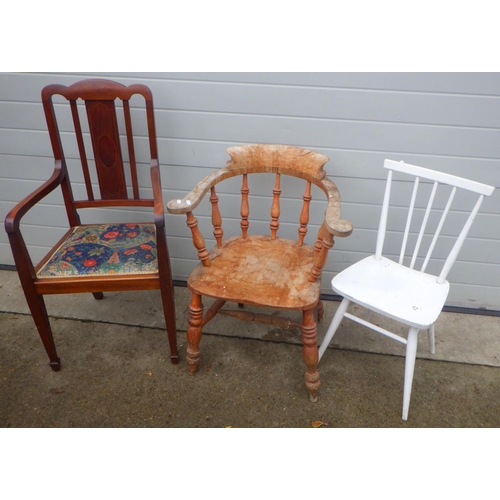 762 - A smokers bow chair, a/f together with a white painted kitchen chair and an Edwardian mahogany open ... 