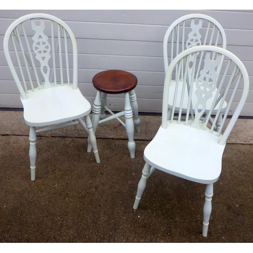 773 - A set of three painted wheelback kitchen chairs together with a stool (4)