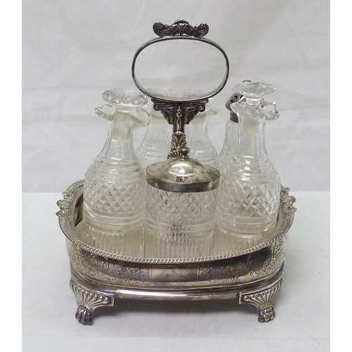 361 - A George III silver and hardwood condiment stand with a part set of cut glass condiments (one lackin... 