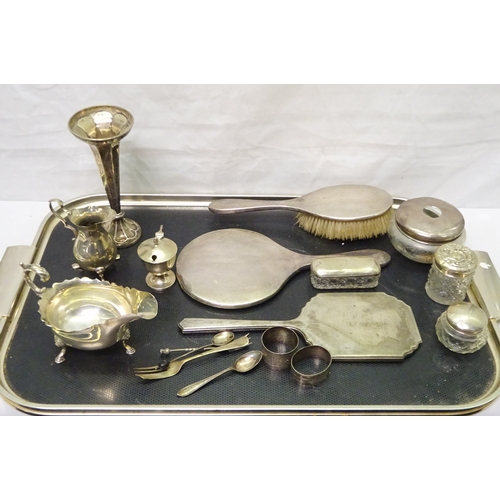 405 - Silver to incl a sauce boat,  cream jug, dressing set mirrors etc.  Most a/f.