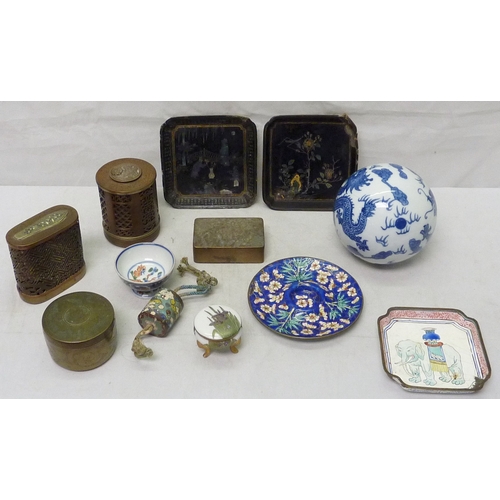 272 - Four various Oriental  brass boxes; a Chinese blue and white ceramic ball; two black lacquer dishes;... 