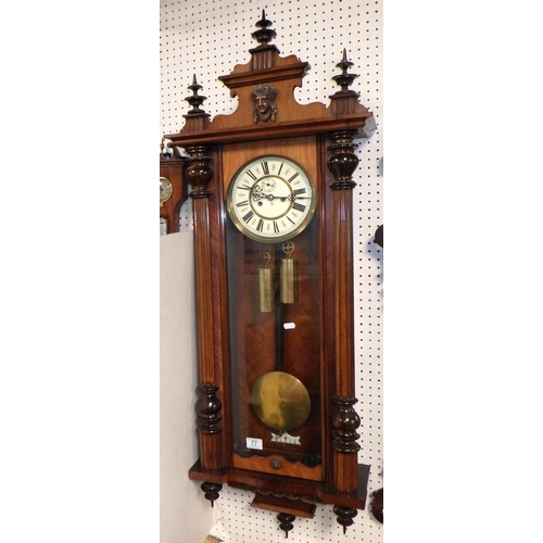 77 - A walnut Gustav Becker double weigh Vienna Wall Clock, 125cm high