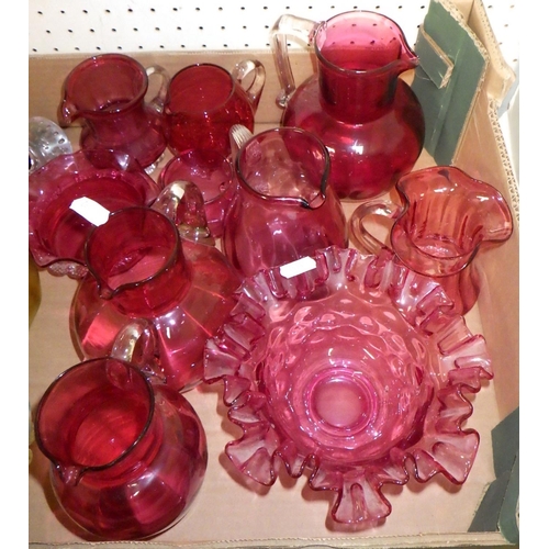 52 - A qty of Cranberry glass ware to inc jugs, bowls  etc together with further coloured glass