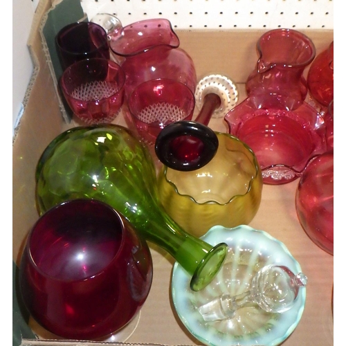 52 - A qty of Cranberry glass ware to inc jugs, bowls  etc together with further coloured glass