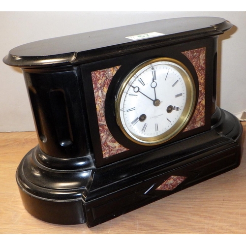 67 - Two 19thC slate and marble mantle clocks 19 & 20cm tall