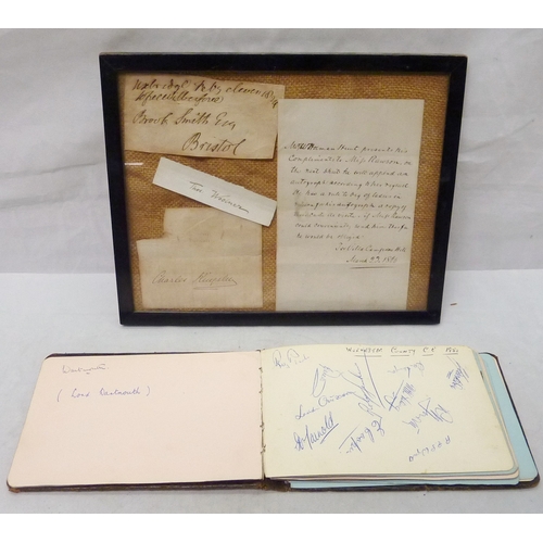 214 - A collection of autographs: a frame containing four autographed sheets of paper, variously William H... 