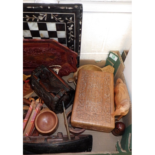 18 - A qty of wooden ware to inc carved box, trays etc