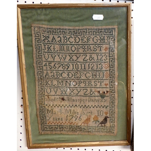 27 - Two 18thC samplers together with an early 19thC sampler, all AF