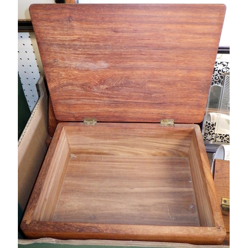 39 - A hardwood box, pictures, book rest, commemorative cups etc