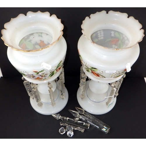 8 - A pair of milk glass lustres AF missing one drop