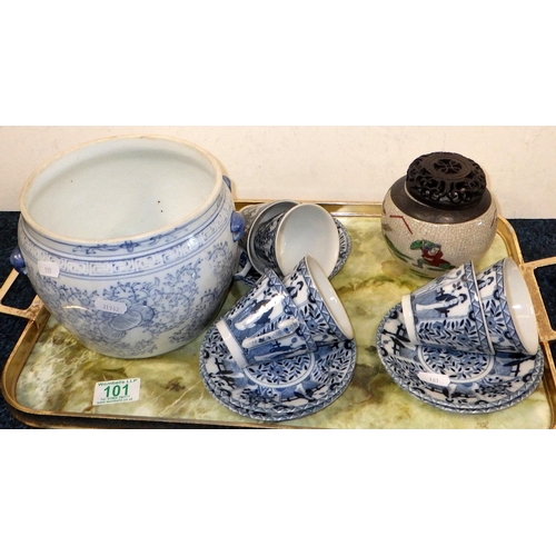 101 - A group of Oriental ceramics to inc a planter, tea ware and a lidded pot puri jar