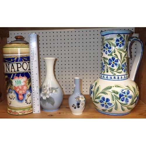 108 - A Napoli ceramic lidded jar together with a Porches Algarve ewer and two Royal Copenhagen spill vase... 