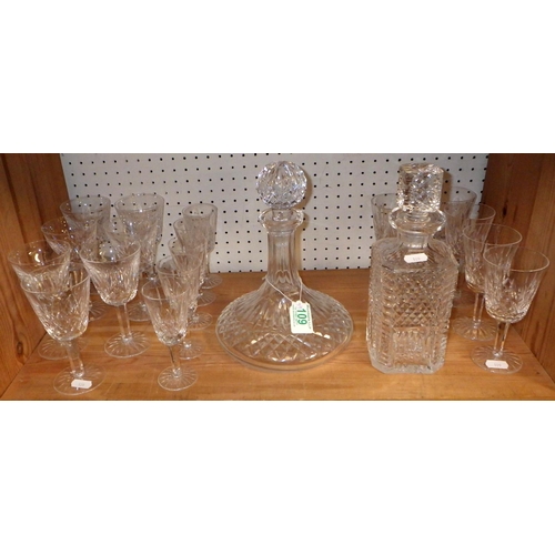109 - A group of Waterford Crystal to inc Whisky and ships decanters, Six white, seven red and 5 sherry Li... 