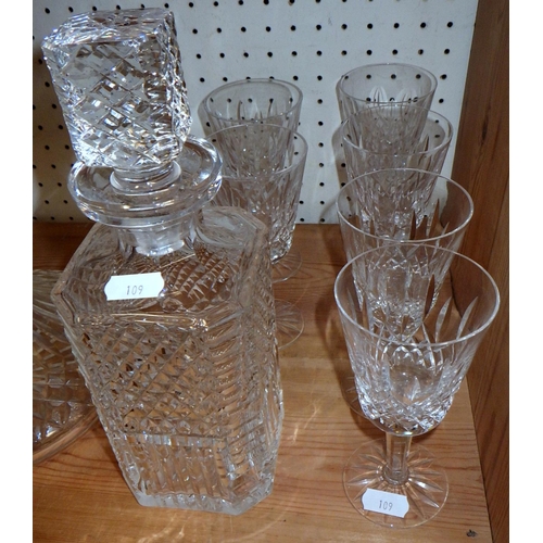109 - A group of Waterford Crystal to inc Whisky and ships decanters, Six white, seven red and 5 sherry Li... 