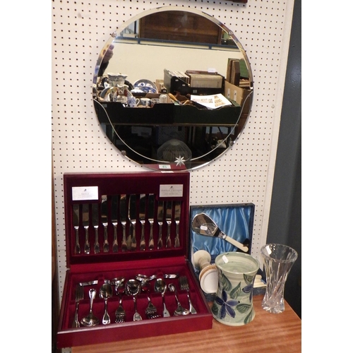 87 - A Viners Fiddle pattern canteen of cutlery, fish canteen, mirror, Crail pottery vase etc