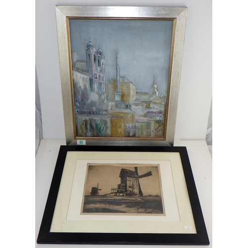 88 - A signed P Sbano 1956 oil on canvas together with a signed etching of a windmill (2)